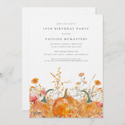 Luxe Pompoen Wildflower Herfst 19e Verjaardag Kaart (Voorkant / Achterkant)