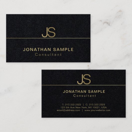 Luxe Premium Zwart Elegant Monogram Modern Visitekaartje (Voorkant / Achterkant)