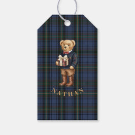 Luxe Preppy Geruite Kerst Teddybeer Cadeaulabel