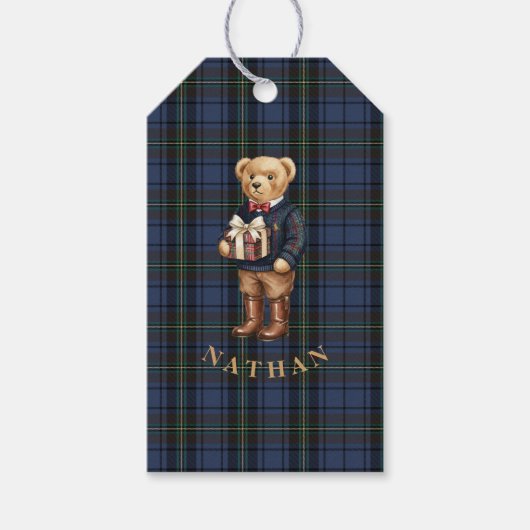 Luxe Preppy Geruite Kerst Teddybeer Cadeaulabel (Voorkant)