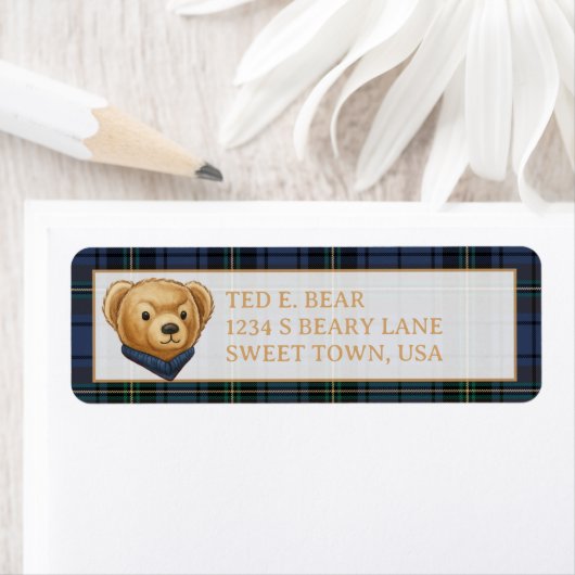 Luxe Preppy Geruite Kerst Teddybeer Etiket (Insitu)