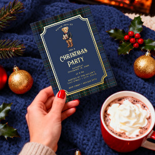 Luxe Preppy Geruite Kerst Teddybeer Folie Uitnodiging