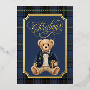 Luxe Preppy Geruite Kerst Teddybeer Fotokaart Folie Feestdagenkaart