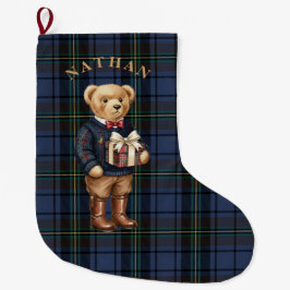 Luxe Preppy Geruite Kerst Teddybeer Fotokaart Grote Kerstsok
