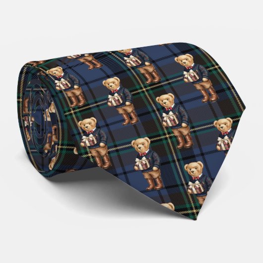 Luxe Preppy Geruite Kerst Teddybeer Stropdas (Opgerold)
