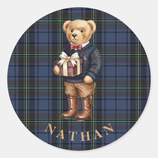 Luxe Preppy Geruite Kerstteddybeer Ronde Sticker (Voorkant)