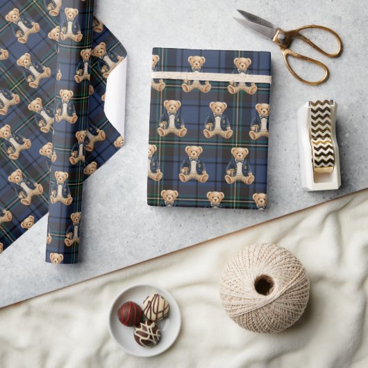 Luxe Preppy Geruite Teddydbeer Cadeaupapier (Crafts)