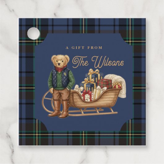 Luxe Preppy Plaid Christmas Teddy Bear Photo Card Bedankjes Labels (Voorkant)