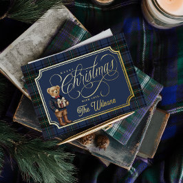 Luxe Preppy Plaid Christmas Teddy Bear Photo Card Folie Feestdagenkaart