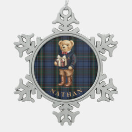 Luxe Preppy Plaid Kerst Teddybeer Fotokaart Tin Sneeuwvlok Ornament