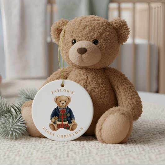Luxe Preppy Plaid Teddy Bear | 1st Christmas Keramisch Ornament