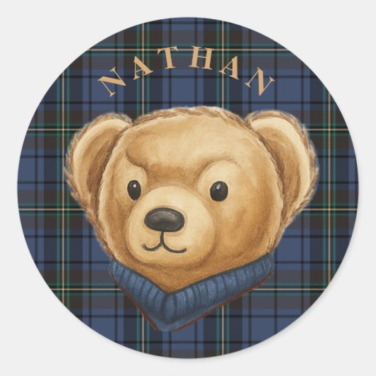 Luxe Preppy Plaid Teddy Bear Head Ronde Sticker (Voorkant)