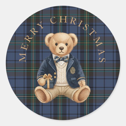 Luxe Preppy Plaid Teddy Bear Ronde Sticker (Voorkant)