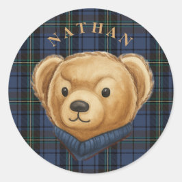 Luxe Preppy Plaid Teddybeer Hoofd Ronde Sticker