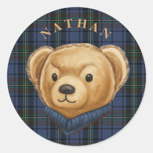 Luxe Preppy Plaid Teddybeer Hoofd Ronde Sticker