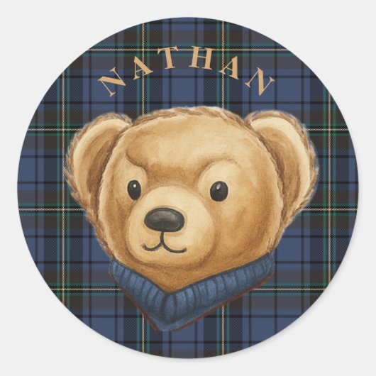 Luxe Preppy Plaid Teddybeer Hoofd Ronde Sticker (Voorkant)