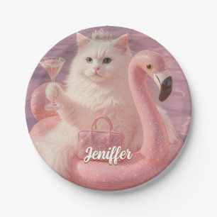 Luxe Prinses Kat op Roze Flamingo Zwembad Drijver Papieren Bordje