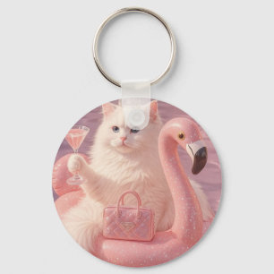 Luxe Prinses Kat op Roze Flamingo Zwembad Drijver Sleutelhanger