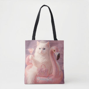 Luxe Prinses Kat op Roze Flamingo Zwembad Drijver Tote Bag