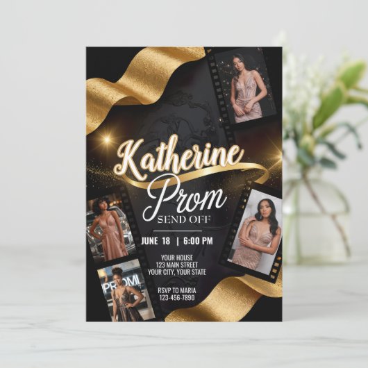 Luxe Prom Stuur Off Gouden Ribbon Film Roll Kaart (Staand voorkant)