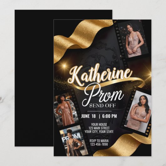 Luxe Prom Stuur Off Gouden Ribbon Film Roll Kaart (Voorkant / Achterkant)