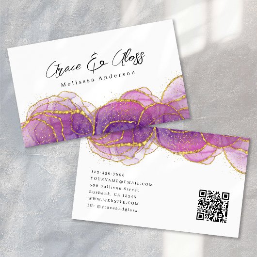Luxe Purple Gold Glitter Nail Salon QR Code Visitekaartje
