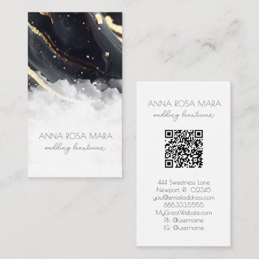 *~* Luxe QR Agaat Zwart Goud Wit Glam AP66 Visitekaartje (Voorkant / Achterkant)