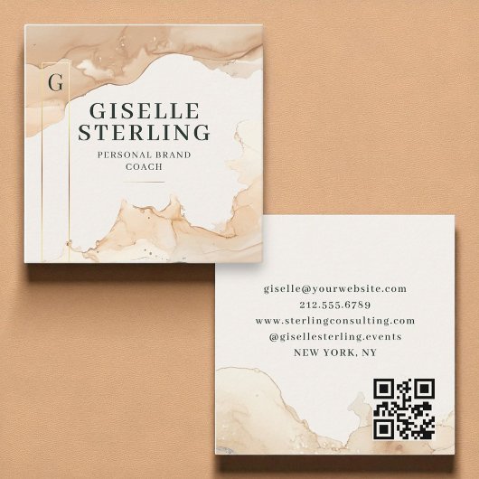Luxe QR Code Beige Waterverf Goudfolie Vierkante Visitekaartje
