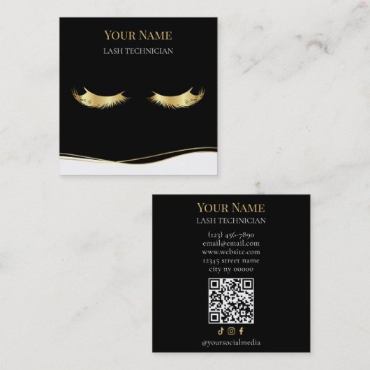 Luxe QR-code Zwart en Goud Wimpertechnicus Vierkante Visitekaartje (Voorkant / Achterkant)