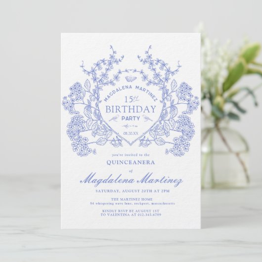 LUXE QUINCEANERA  Blauw Bloemkam Kaart (Staand voorkant)