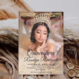 Luxe Quinceanera Goud Wit Foto Uitnodiging