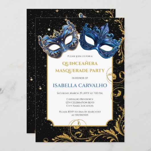 Luxe Quinceañera Masquerade Party Kaart (Voorkant / Achterkant)