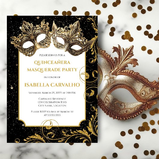 Luxe Quinceañera Masquerade Party Kaart