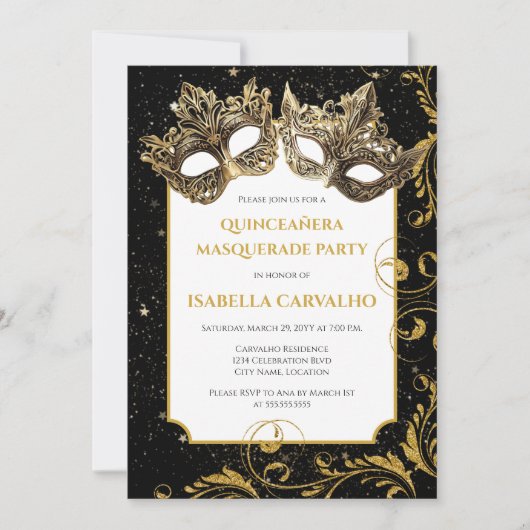 Luxe Quinceañera Masquerade Party Kaart (Voorkant)