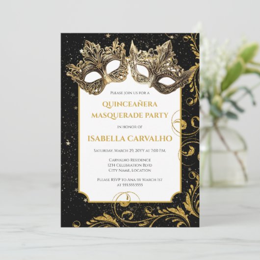 Luxe Quinceañera Masquerade Party Kaart (Staand voorkant)