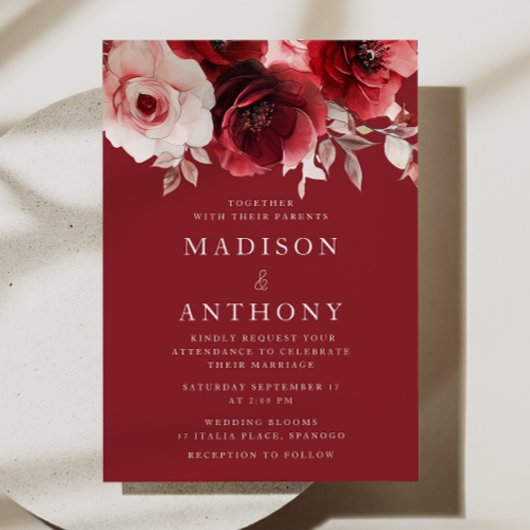 Luxe Radiance Ruby Red Roses Bloom Wedding Kaart