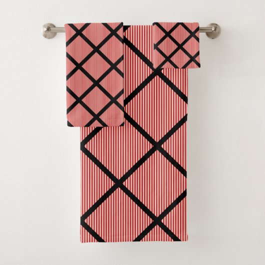 LUXE RED BLACK STRIPE GRID BATH TOWEL SET BAD HANDDOEK (Insitu)