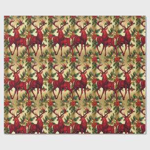 Luxe Red Deer Moose Gold Snow Merry Xmas Pattern Cadeaupapier