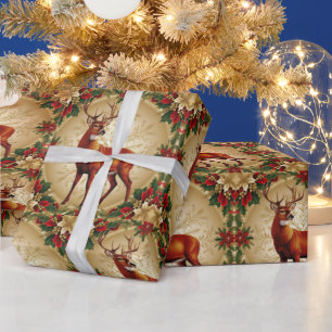 Luxe Red Deer Moose Gold Snow Merry Xmas Pattern Cadeaupapier