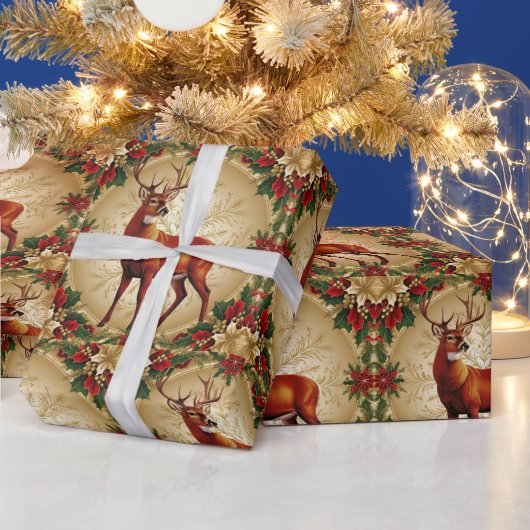 Luxe Red Deer Moose Gold Snow Merry Xmas Pattern Cadeaupapier (Feestdagen)