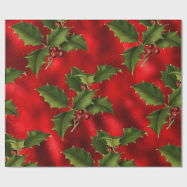 Luxe Red Faux Folie, Green Holly, Rode bessen Cadeaupapier