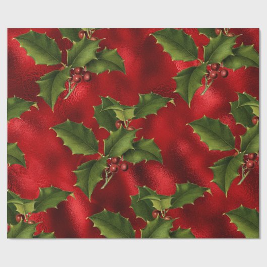 Luxe Red Faux Folie, Green Holly, Rode bessen Cadeaupapier (Vlak)