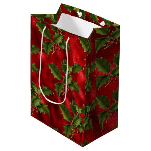 Luxe Red Folie, groene Holly Red Berries Medium Cadeauzakje (Voorkant Gekanteld)