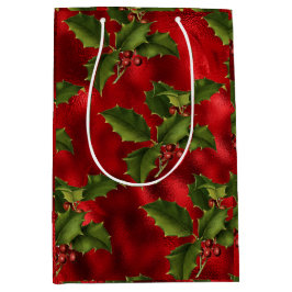 Luxe Red Folie, groene Holly Red Berries Medium Cadeauzakje