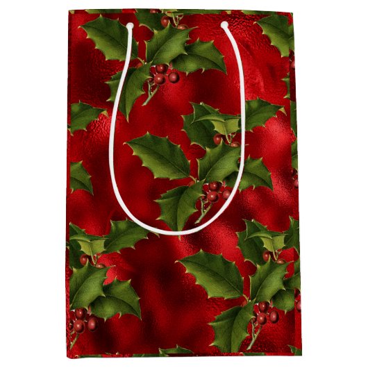 Luxe Red Folie, groene Holly Red Berries Medium Cadeauzakje (Voorkant)