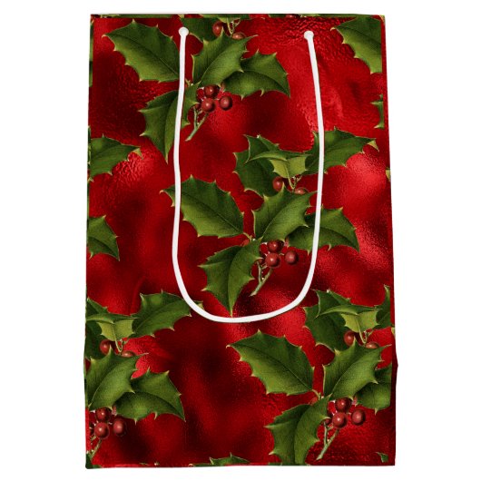 Luxe Red Folie, groene Holly Red Berries Medium Cadeauzakje (Achterkant)