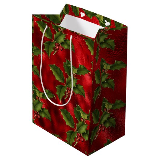 Luxe Red Folie, groene Holly Red Berries Medium Cadeauzakje (Achterkant Gekanteld)