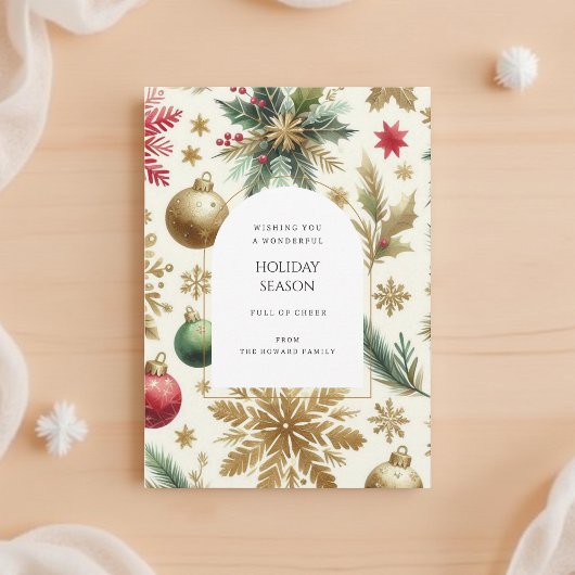 Luxe Red Green Gold Snowflake Holiday Kaart