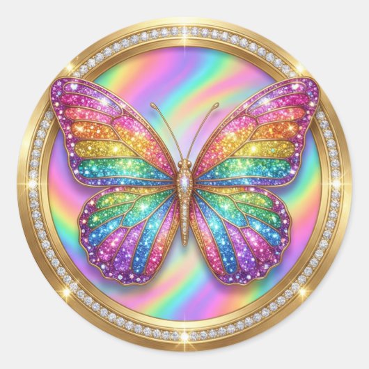 Luxe Regenboog Glitter Vlinder Ronde Sticker (Voorkant)