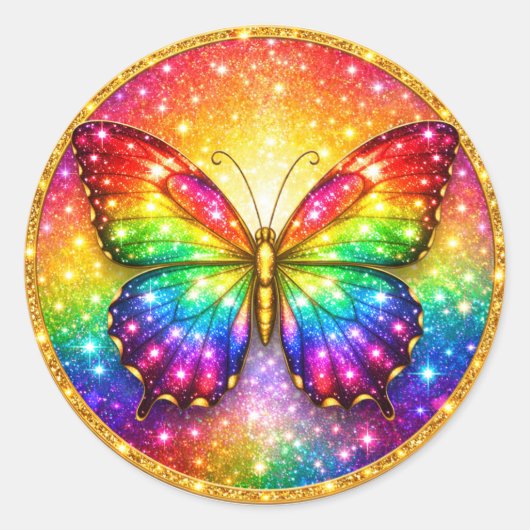 Luxe Regenboog Vlinder Cirkel Ronde Sticker (Voorkant)